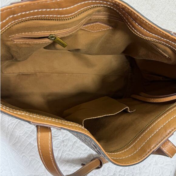 Fossil Blue White Leather Explorer Tote Bag with Matching Billfold Wallet Travel - Picture 4 of 13